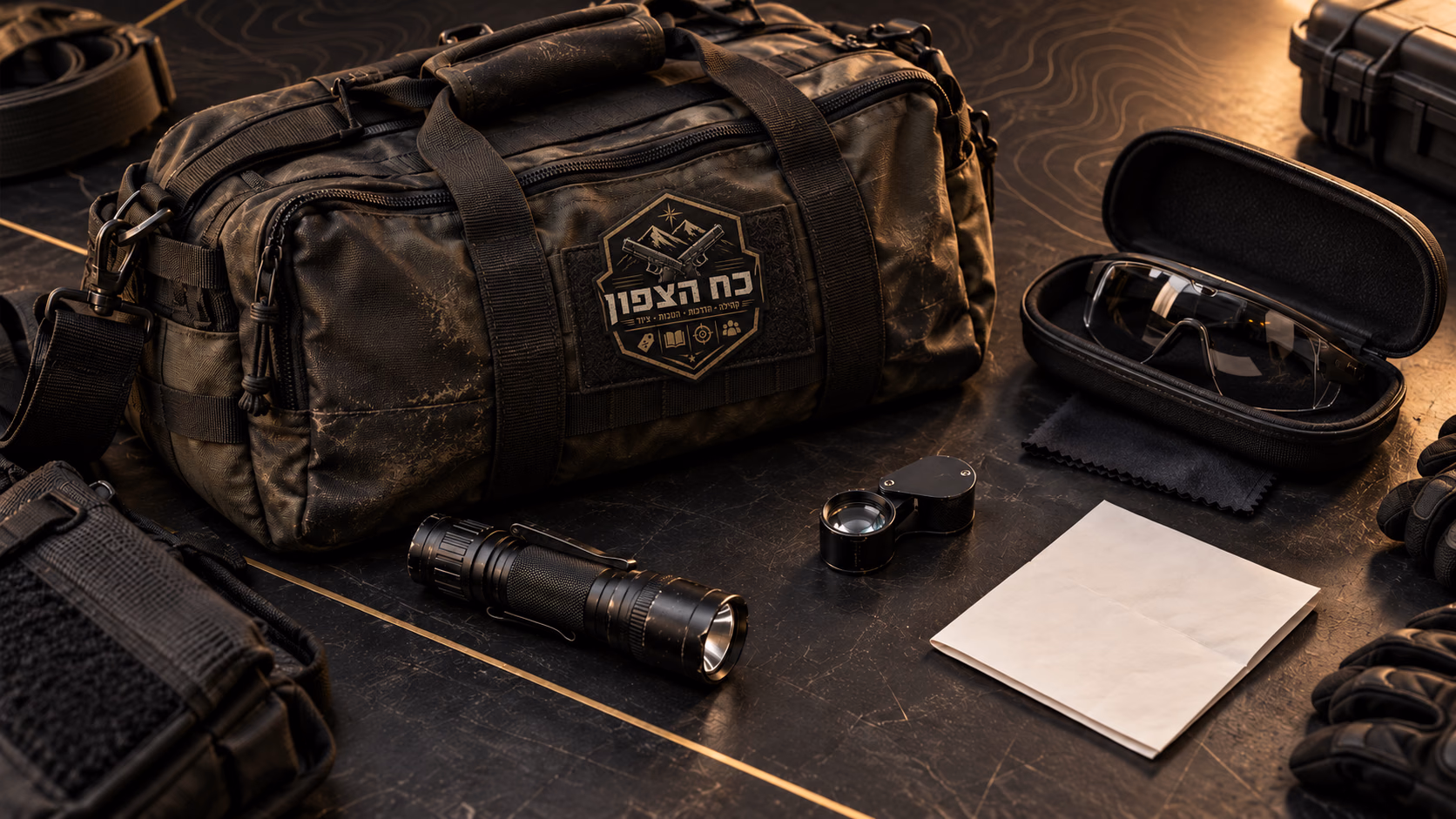 תיק ציוד משומש, פנס ומשקפי מגן לצד זכוכית מגדלת ומסמך רכישה להמחשה. תג כוח הצפון משולב בתיק.