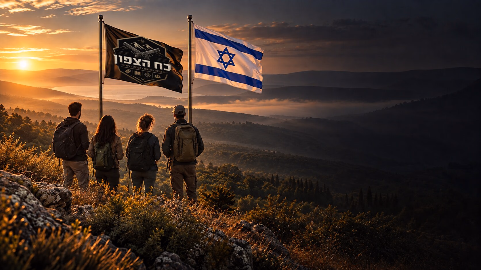 חברי קהילת כוח הצפון מול נופי הצפון, לצד דגל כוח הצפון ודגל ישראל
