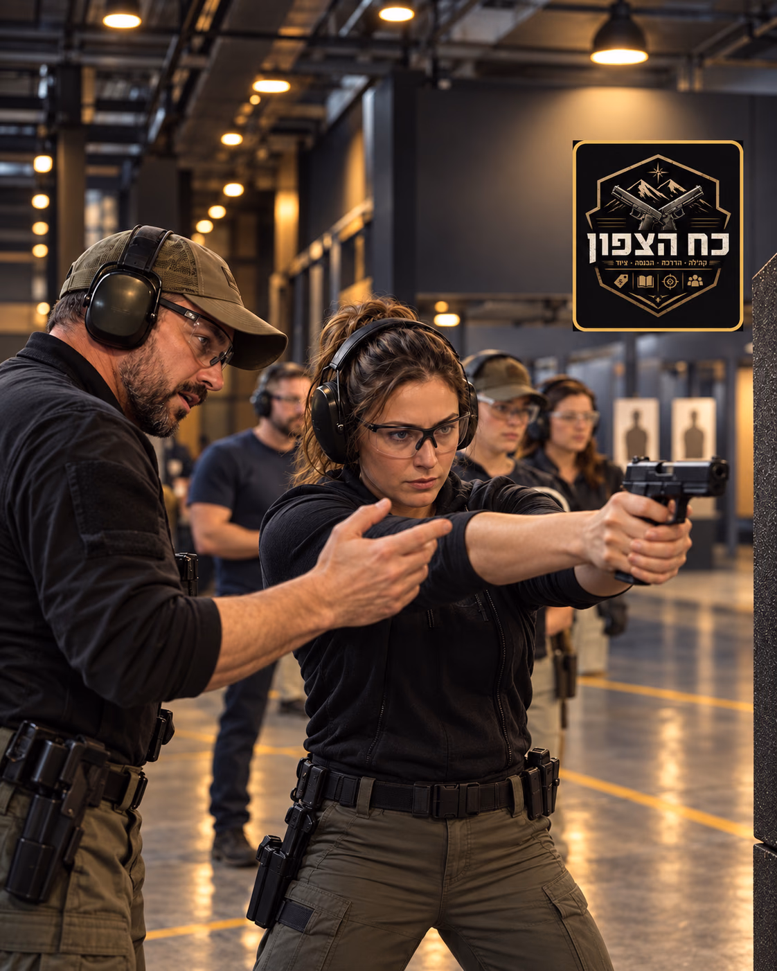 מדריך ירי מלווה מתאמנת במטווח לצד סמל כוח הצפון